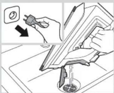 Diagram illustrating a procedure on cleaning a tool, showing hand positioning and tool path with magnified view