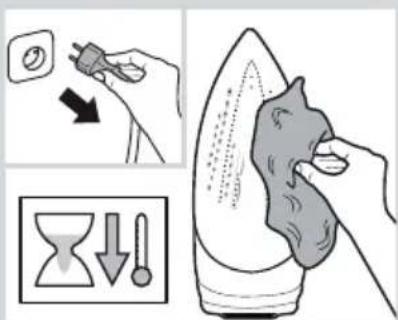 Illustration showing a hand using a power plug to clean air, with an hourglass icon and downward arrows indicating cooling or damage.