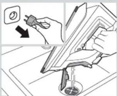 Diagram illustrating a procedure for cleaning a surface, showing hand positioning and tool path with magnified view