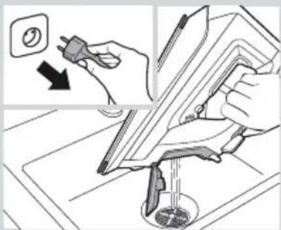 Diagram illustrating a procedure for cleaning or cleaning a tool, with an arrow indicating the step and a magnified view of the tool's tip.