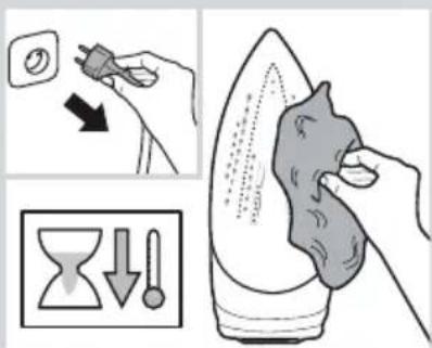 Illustration showing a hand using a power tool to clean air, with an hourglass icon and downward arrows indicating cooling or damage.