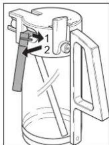 Technical diagram of a mechanical device with labeled parts 1 and 2, showing internal components and directional arrows.