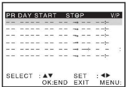PR DAY START STOP V/P SELECT :▲▼ SET :◀► OK:END EXIT MENU:
