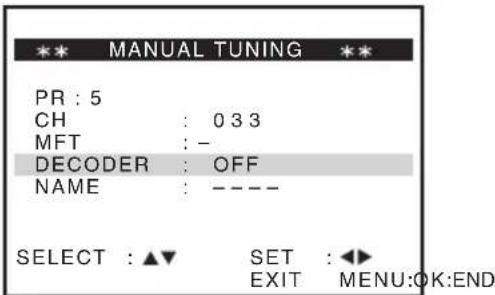 MANUAL TUNING PR : 5 CH : 0 3 3 MFT : - DECODER : OFF NAME : ---- SELECT : ▲▼ SET : ◀► EXIT MENU:OK:END