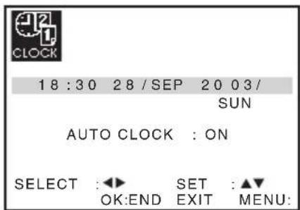 18:30 28/SEP 20 03/ SUN AUTO CLOCK : ON SELECT : ◀► SET : ▲▼ OK:END EXIT MENU: