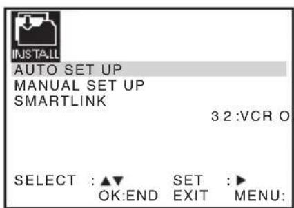 INSTALL AUTO SET UP MANUAL SET UP SMARTLINK 3 2 :VCR O. SELECT : ▲▼ OK:END SET :► EXIT MENU: