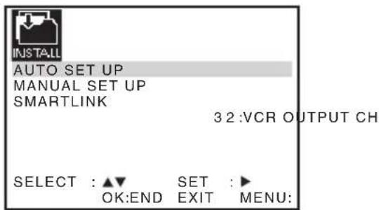 INSTALL AUTO SET UP MANUAL SET UP SMARTLINK 3 2 :VCR OUTPUT CH SELECT : ▲▼ SET :► OK:END EXIT MENU: