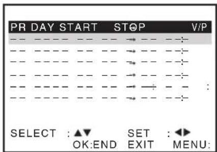 PR DAY START STOP V/P SELECT : ▲▼ SET : ◀◀ OK:END EXIT MENU: