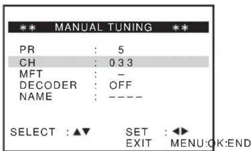 *** MANUAL TUNING ** PR : 5 CH : 0 3 3 MFT : - DECODER : OFF NAME : ---- SELECT : ▲▼ SET : ◀► EXIT MENU:OK:END