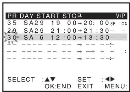 PR DAY START STOP V/P 3 5 SA29 1 9 0 0→20: 0 0 SP OK 2 9 SA29 21 :00→21 :30- - 3 0 SA 6 12 :00→13 :30- - -- ---- -- -- → -- - - : -- ---- -- -- → - - - : -- ---- -- -- → -- - - : SELECT :▲▼ SET :◀► OK:END EXIT MENU: