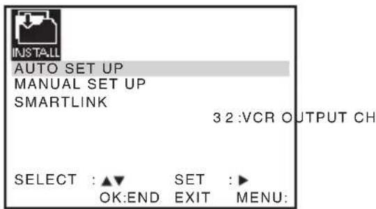 INSTALL AUTO SET UP MANUAL SET UP SMARTLINK 3 2 :VCR OUTPUT CH SELECT : ▲▼ SET :► OK:END EXIT MENU: