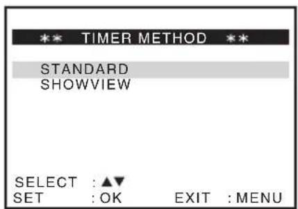 ** TIMER METHOD ** STANDARD SHOWVIEW SELECT : ▲▼ SET : OK EXIT : MENU