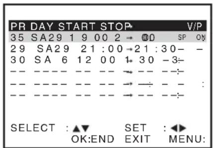 PR DAY START STOP 35 SA29 1 9 00 2 → 00 SP ON 29 SA29 21:00 →21:30- - 30 SA 6 12 00 1+ 30 -3- -- ---- -- -- → -- --: -- ---- -- -- → -- - - : -- ---- -- -- → -- -- -- SELECT :▲▼ SET :◀► OK:END EXIT MENU:
