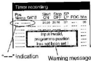 Timer recording. Pos, Name, DATE, Start ON, Stop OFF, SP, LP, PDC, Min. 20:00 21:00 30. Input Iwald, program position has not been set. "—" indication. Warning message.