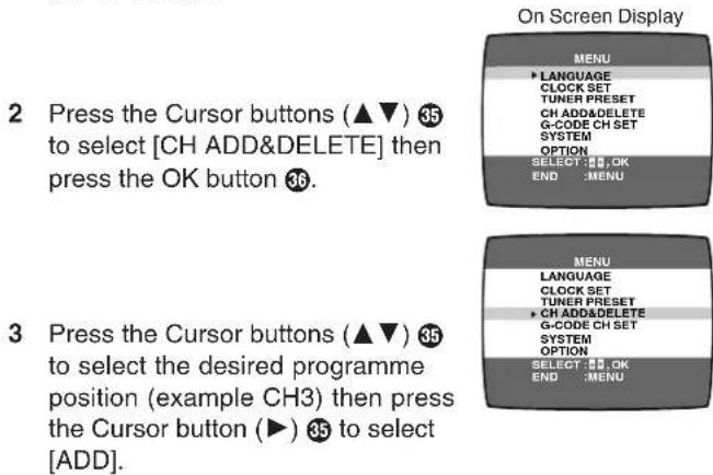 2 Press the Cursor buttons (▲▼) 35 to select [CH ADD&DELETE] then press the OK button 36. 3 Press the Cursor buttons (▲▼) 35 to select the desired programme position (example CH3) then press the Cursor button (►) 35 to select [ADD]. On Screen Display MENU • LANGUAGE CLOCK SET TUNER PRESET CH ADD&DELETE G-CODE CH SET SYSTEM OPTION SELECT: OK END: MENU