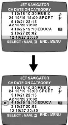 JET NAVIGATOR CH DATE ON CATEGORY 1 10/18 10:30 MUSIC 24 10/19 15:00 SPORT 5 10/21 22:15 A2 10/23 20:02 4 10/26 19:10 EDUCA 2 10/27 20:02 12 10/27 20:30 SELECT: NAVI. END: MENU JET NAVIGATOR CH DATE ON CATEGORY 1 10/18 10:30 MUSIC 24 10/19 15:00 SPORT 5 10/21 22:15 A2 10/23 20:02 4 10/26 19:10 EDUCA 2 10/27 20:30 12 10/27 20:30 SELECT: NAVI. END: MENU