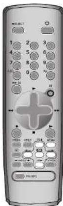 Front panel of a remote control with labeled buttons and a central plus button