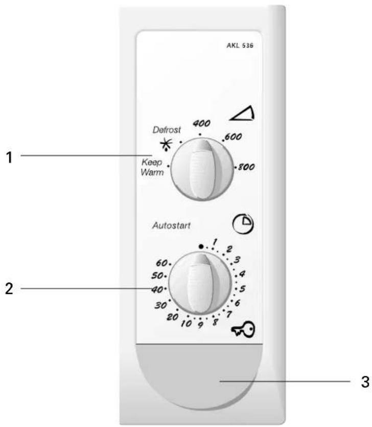 AKL 536 1 Defrost 400 600 Keep Warm 800 Autostart 2 60- 50- 40- 30- 20- 10- 9- 8- 7- 6 5 4 3 2 1 Autostart 3