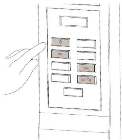 Hand-drawn diagram of a door panel with labeled buttons including plus, minus, call, and check functions.