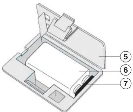 Technical diagram of a mechanical device with numbered parts labeled 5, 6, and 7