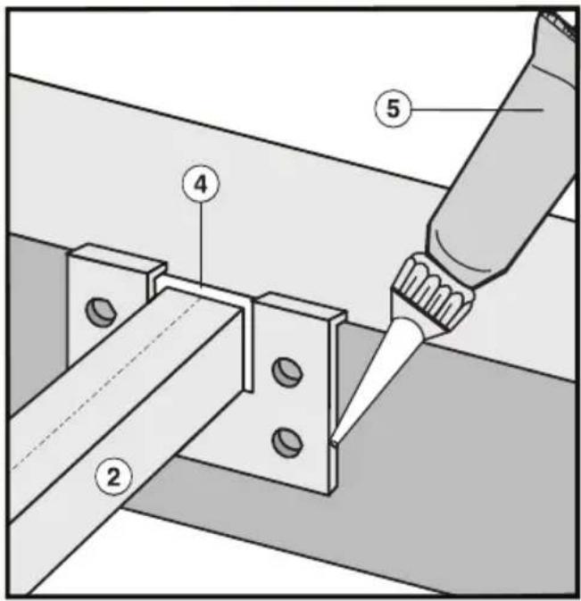 Technical diagram showing a tool interacting with a metal bracket, labeled with numbered components 2, 4, and 5.