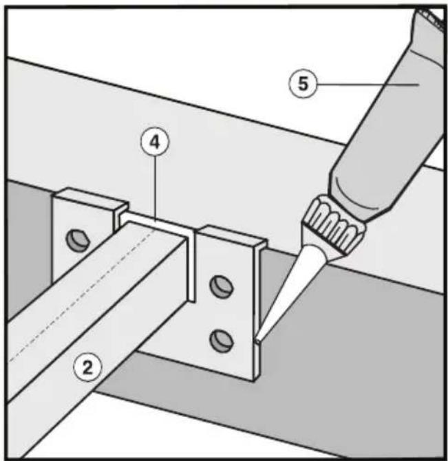 Technical diagram showing a tool interacting with a metal bracket, labeled with numbered components 2, 4, and 5.