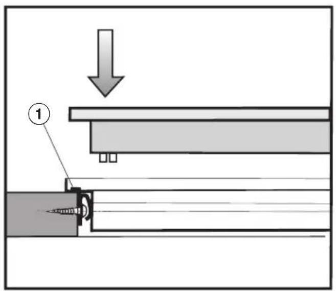Technical diagram showing a mechanical assembly with labeled component 1 and an arrow indicating downward motion.