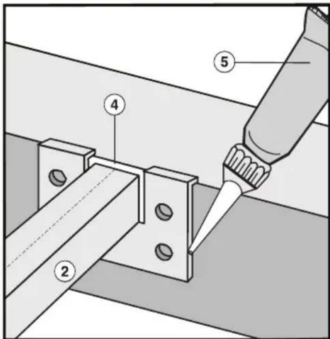 Technical diagram showing a mechanical assembly with numbered components and a tool interacting with a bracket.