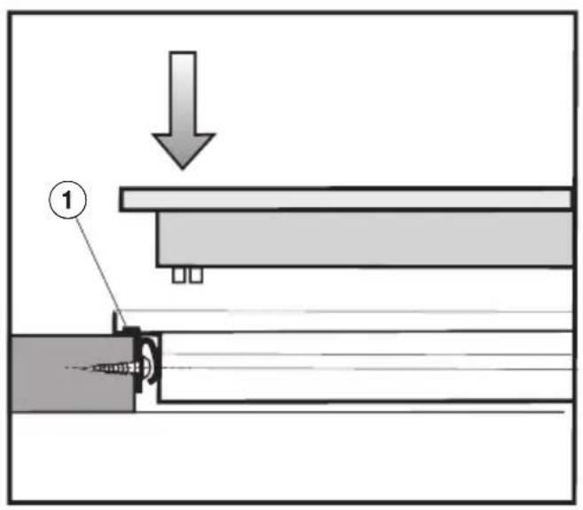 Technical diagram showing a mechanical assembly with labeled component 1 and directional arrow