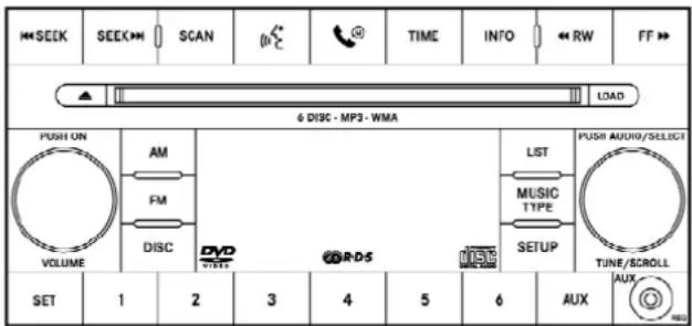 SEEK SEEK SCAN TIME INFO RW FF 6 DISC - MP3 - WMA PUSH ON AM FM DISC VOLUME DVO RDS LIST MUSIC TYPE SETUP TUNE/SCROLL AUX 1 2 3 4 5 6 AUX LOAD
