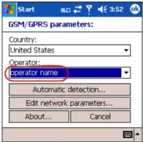 GSM/GPRS parameters: Country: United States Operator: operator name Automatic detection... Edit network parameters... About... Cancel
