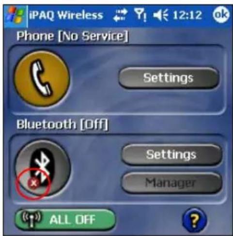 iPAQ Wireless Phone [No Service] Settings Bluetooth [Off] Settings Manager ALL OFF