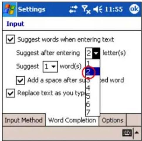 Settings 11:55 ok Input ✓ Suggest words when entering text Suggest after entering 2 letter(s) Suggest 1 word(s) 1 ✓ Add a space after su 2 word ✓ Replace text as you type 4 Input Method Word Completion Options