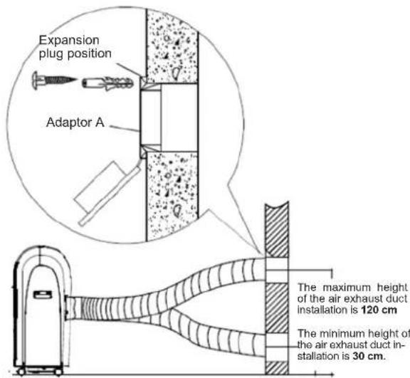 Expansion plug position Adaptor A The maximum height of the air exhaust duct installation is 120 cm The minimum height of the air exhaust duct in- stallation is 30 cm.