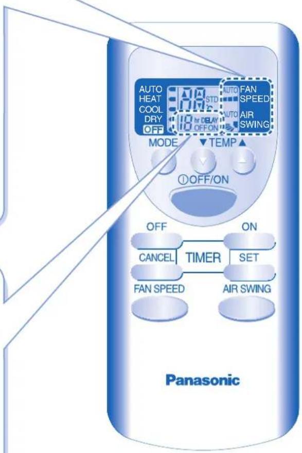 AUTO HEAT COOL DRY OFF 10 for DELAY OFF ON MODE TEMP AUTO FAN SPEED AUTO AIR SWING ① OFF/ON OFF ON CANCEL TIMER SET FAN SPEED AIR SWING Panasonic
