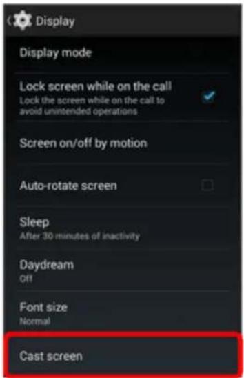Display settings screen with options: Display mode, Lock screen while on the call (with description 'Lock the screen while on the call to avoid unintended operations'), Screen on/off by motion, Auto-rotate screen, Sleep (After 30 minutes of inactivity), Daydream (Off), Font size (Normal), Cast scree…