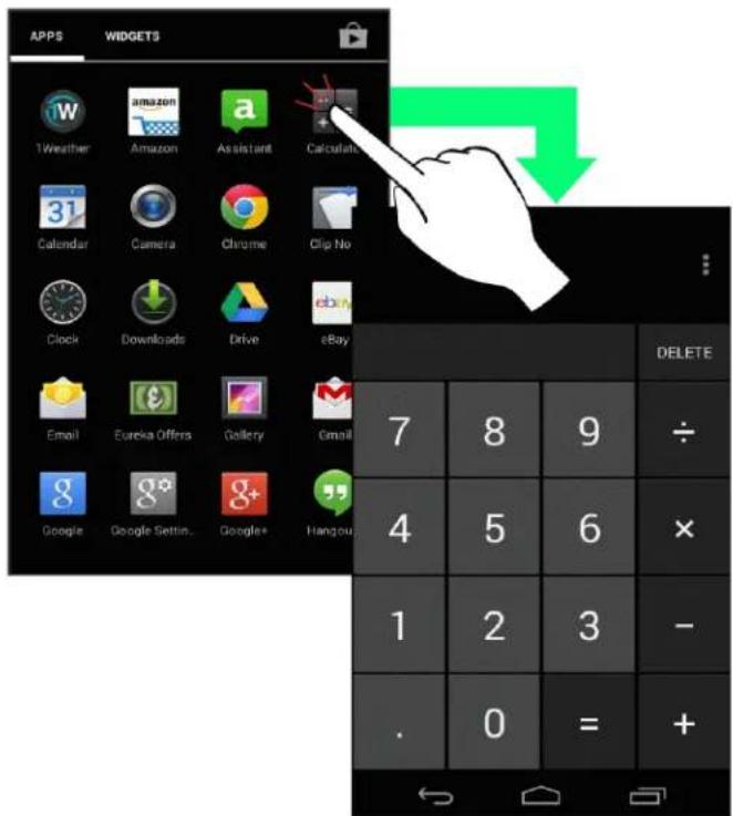 APPS, WIDGETS, 1Weather, Amazon, Assistant, Calculator, Calendar, Camera, Chrome, Clip No, Clock, Downloads, Drive, eBay, Email, Eureka Offers, Gallery, Email, Google, Google Settings..., Google*, Hangou, DELETE, 7, 8, 9, ÷, 4, 5, 6, ×, 1, 2, 3, -, ., 0, =, +, ←