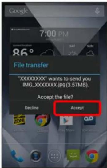 File transfer dialog showing time 7:00 PM and temperature 86°. Message: '"XXXXXXXXX" wants to send you IMG_XXXXXXXX.jpg (3.57MB). Accept the file?' with buttons 'Decline' and 'Accept'.