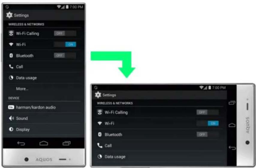 Settings, WIRELESS & NETWORKS, Wi-Fi Calling OFF, Wi-Fi ON, Bluetooth OFF, Call, Data usage, More..., DEVICE, harman/kardon audio, Sound, Display, AQUOS, Settings, WIRELESS & NETWORKS, Wi-Fi Calling OFF, Wi-Fi ON, Bluetooth OFF, Call, Data usage, 7:00 PM, AQUOS