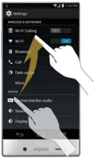 Settings WIRELESS & NETWORKS Wi-Fi Calling OFF Wi-Fi Bluetooth Call Data usage More DEVICE Macman/kardon audio Sound Display AQUOS