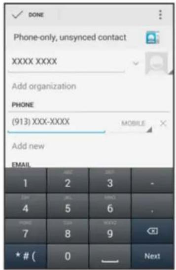 DONE Phone-only, unsynced contact XXXX XXXX Add organization PHONE (913) XXX-XXXX Add new EMAIL 1 2 3 - 4 5 6 . 7 8 9 * # ( 0 — Next