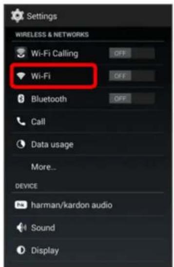 Settings. WIRELESS & NETWORKS. Wi-Fi Calling OFF. Wi-Fi OFF. Bluetooth OFF. Call. Data usage. More... DEVICE. harman/kardon audio. Sound. Display.