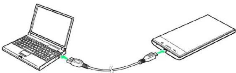 Line drawing of a laptop connected to a smartphone via USB cable (no text or symbols)