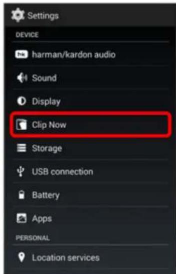 Settings DEVICE harman/kardon audio Sound Display Clip Now Storage USB connection Battery Apps PERSONAL Location services