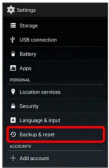 Settings Storage USB connection Battery Apps PERSONAL Location services Security Language & input Backup & reset ACCOUNTS Add account