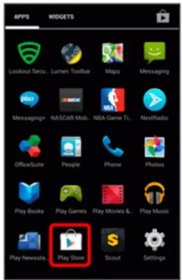 APPS. WIDGETS. Lookout Secu... Lumen Toolbar. Maps. Messaging. Messaging+ NASCAR Mob... NBA Game TL... NextRadio. OfficeSuite. People. Phone. Photos. Play Books. Play Games. Play Movies &... Play Music. Play Newssta... Play Store. Scout. Settings