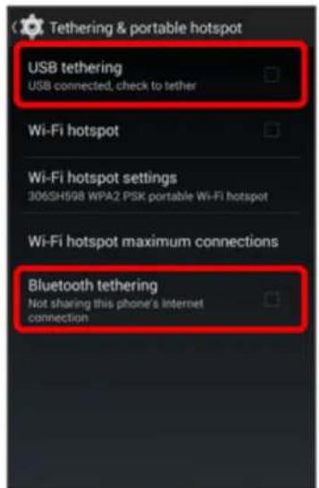 Tethering & portable hotspot USB tethering USB connected, check to tether Wi-Fi hotspot Wi-Fi hotspot settings 306SH598 WPA2 PSK portable Wi-Fi hotspot Wi-Fi hotspot maximum connections Bluetooth tethering Not sharing this phone's Internet connection