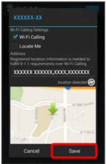 XXXXXX-XX. Wi-Fi Calling Settings. ✓ Wi-Fi Calling. Locate Me. Address. Registered location information is needed to fulfill 9-1-1 requirements over Wi-Fi Calling. XXXXXXXXXXXXXXXXXXXXXXXXX. location detected. Cancel Save.