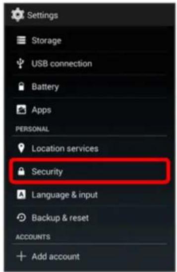 Settings Storage USB connection Battery Apps PERSONAL Location services Security Language & input Backup & reset ACCOUNTS Add account