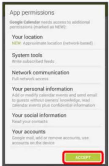 App permissions. Google Calendar needs access to additional permissions (marked as NEW): Your location. NEW Approximate location (network-based). System tools. Write subscribed feeds. Network communication. Full network access. Your personal information. Add or modify calendar events and send email…